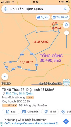 Cần Bán đất diện tích 30,000m2  giá 4,500,000,000 Tỷ tại Phú Tân ,Định Quán ,Đồng Nai